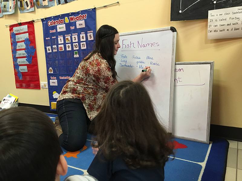 Teacher writing on whiteboard while students watch